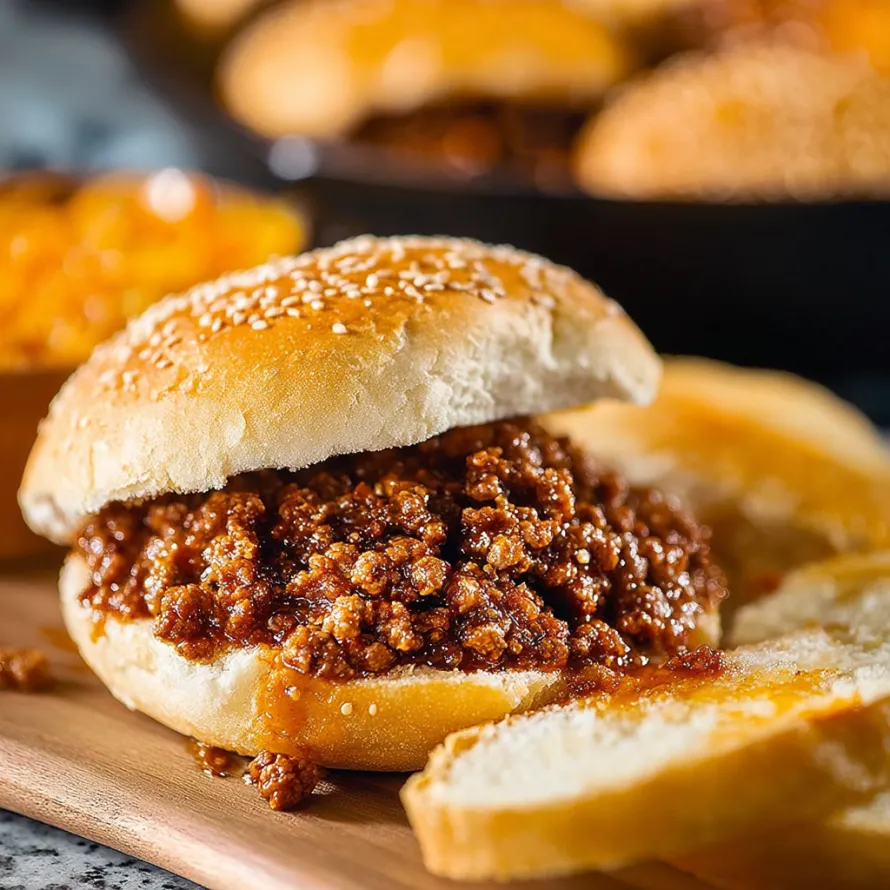 A sloppy joe sandwich on a wooden cutting board.