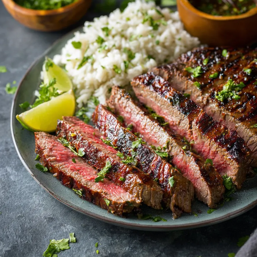 A plate of grilled steak with rice and lime.