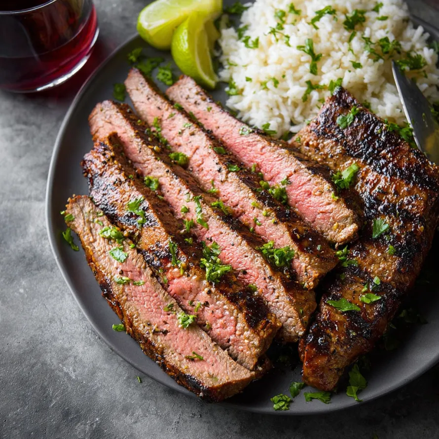A plate of grilled steak with rice and lime.