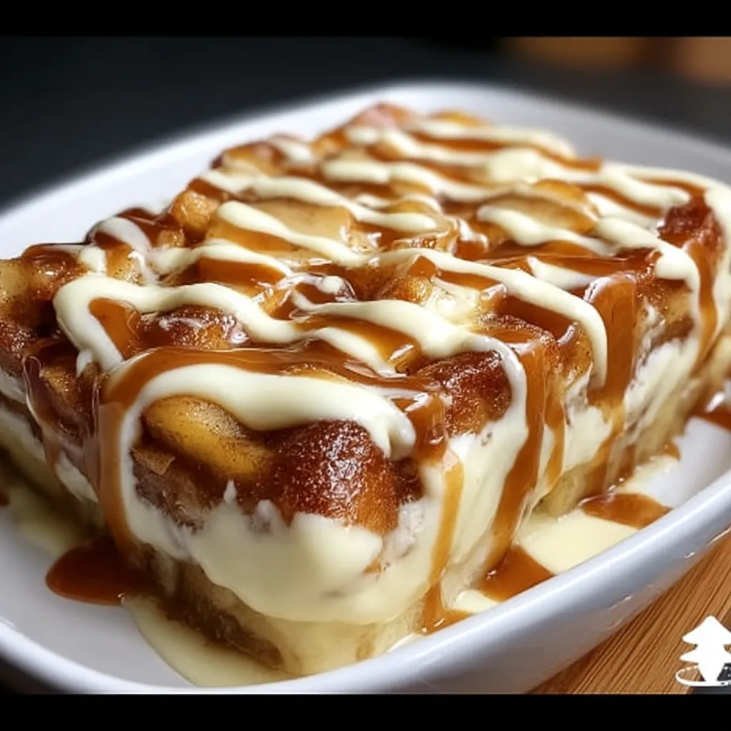 A delicious dessert made with caramel, apple, and cinnamon rolls.