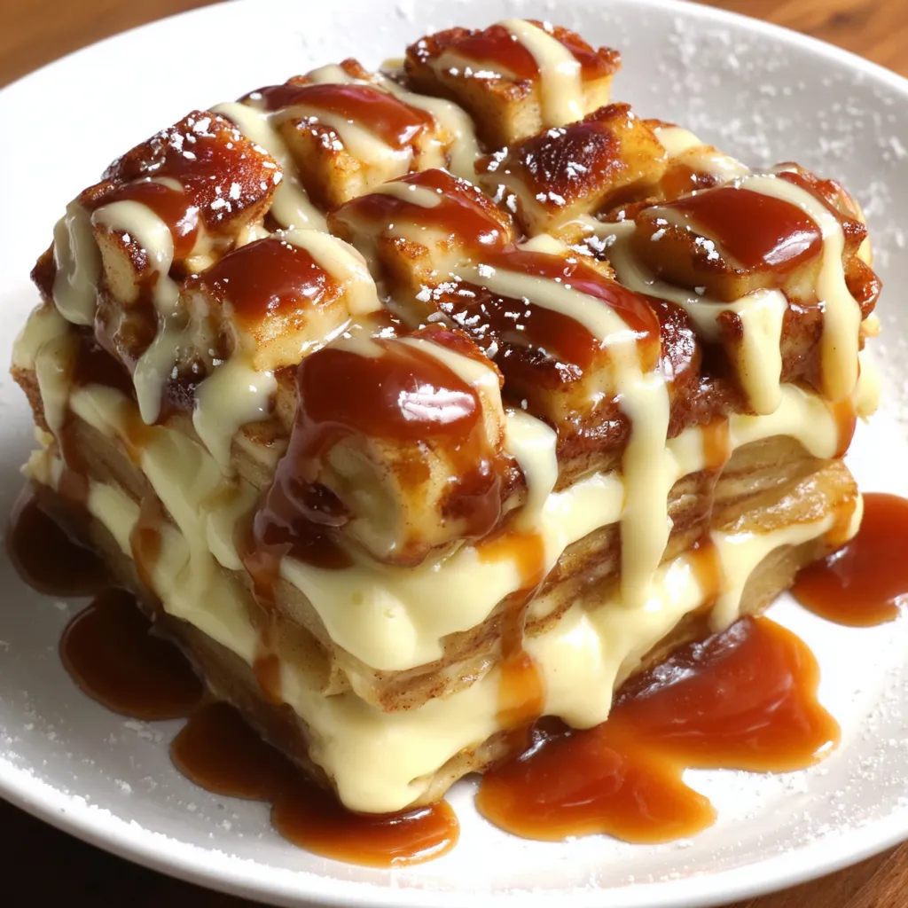 A plate of caramel apple cinnamon roll lasagna.