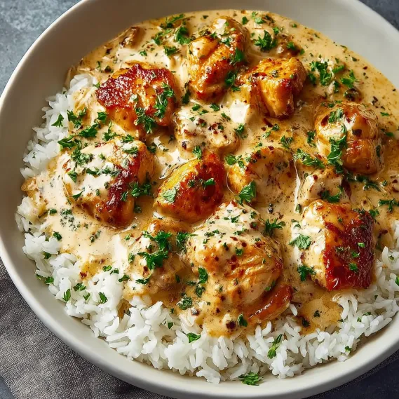 A bowl of creamy smothered chicken and rice.