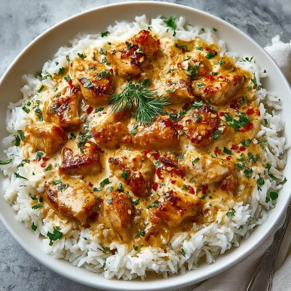 A bowl of creamy smothered chicken and rice.