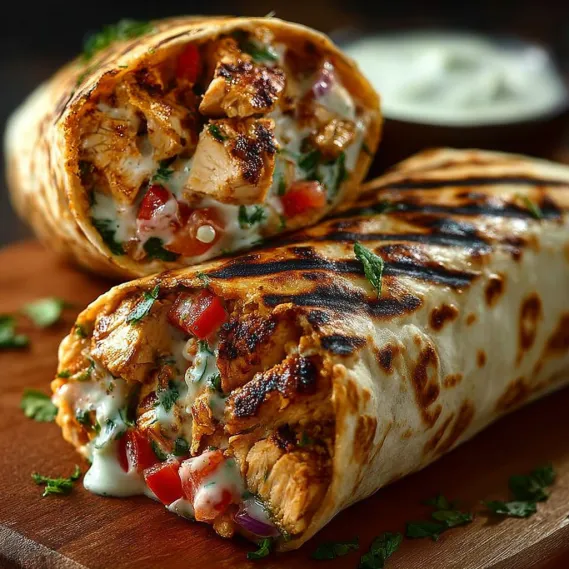 A burrito with grilled chicken and ranch sauce.