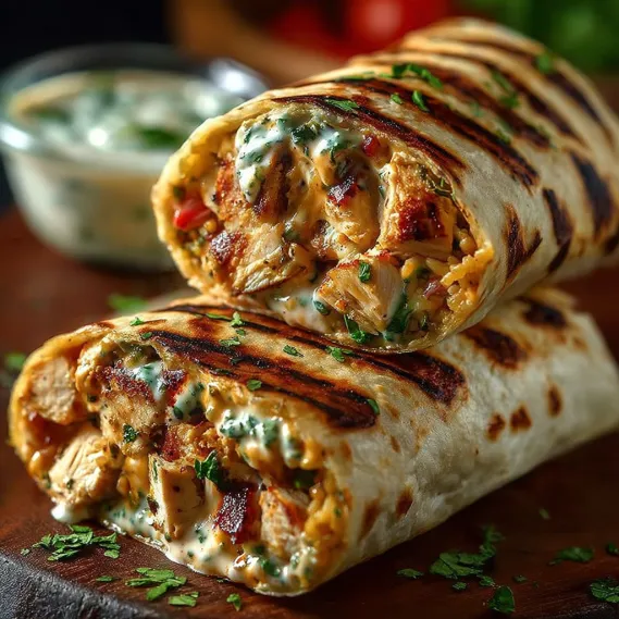 A burrito with chicken and ranch sauce.