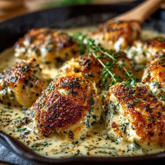 A dish of chicken with a creamy garlic parmesan sauce.