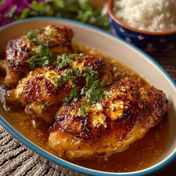 A plate of chicken with a sauce on it.