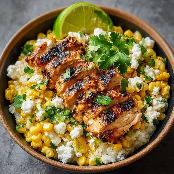 A bowl of food with chicken and corn.