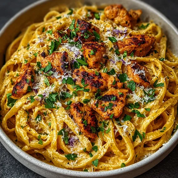 A bowl of pasta with chicken and cheese.