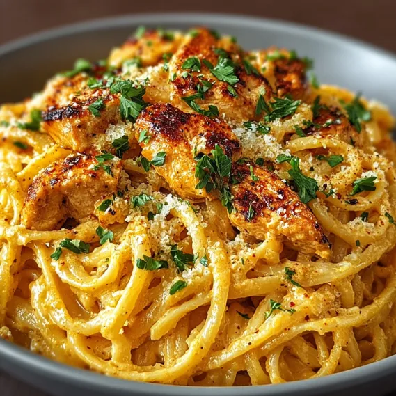 A bowl of Cowboy Butter Chicken Linguine.