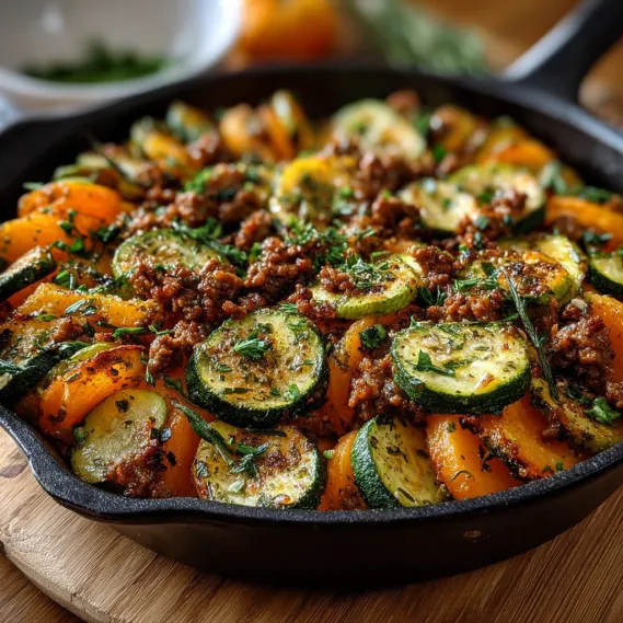 A skillet with a variety of vegetables and meat.