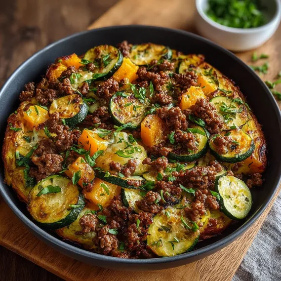 A skillet with a variety of vegetables and meat.