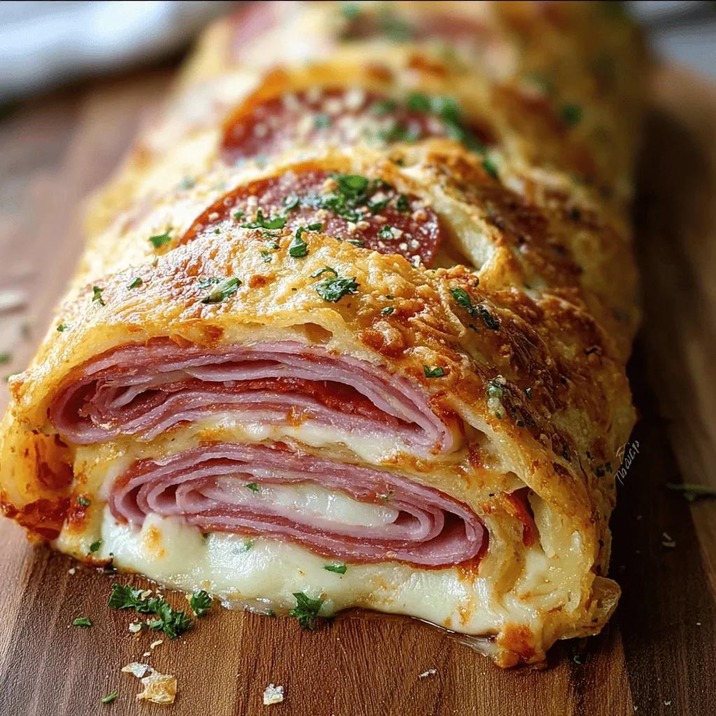A slice of Italian Stromboli Stuffed Bread.