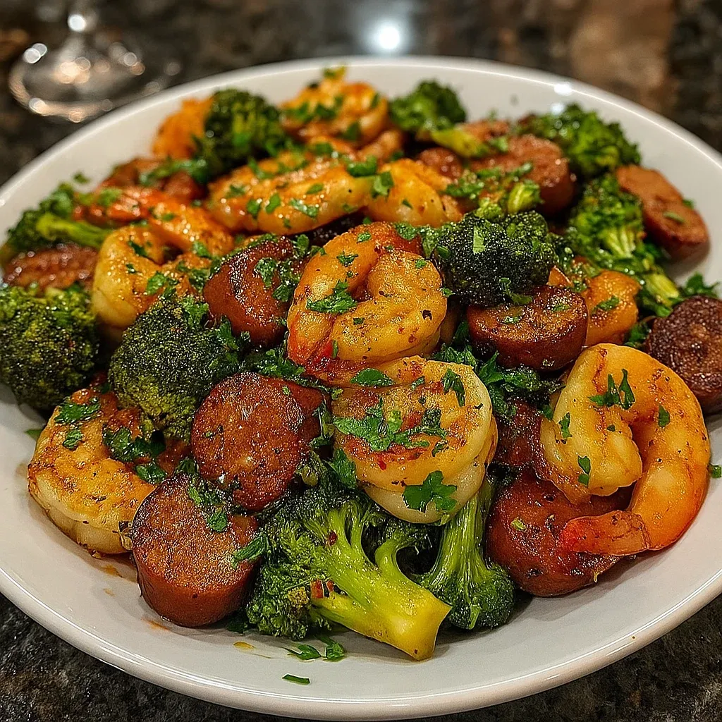 A plate of food with shrimp, sausage, and broccoli.