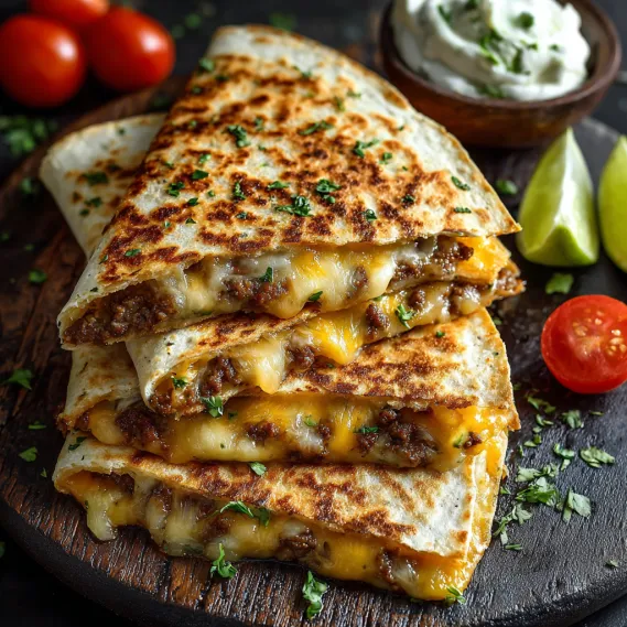A stack of quesadillas with cheese and meat.