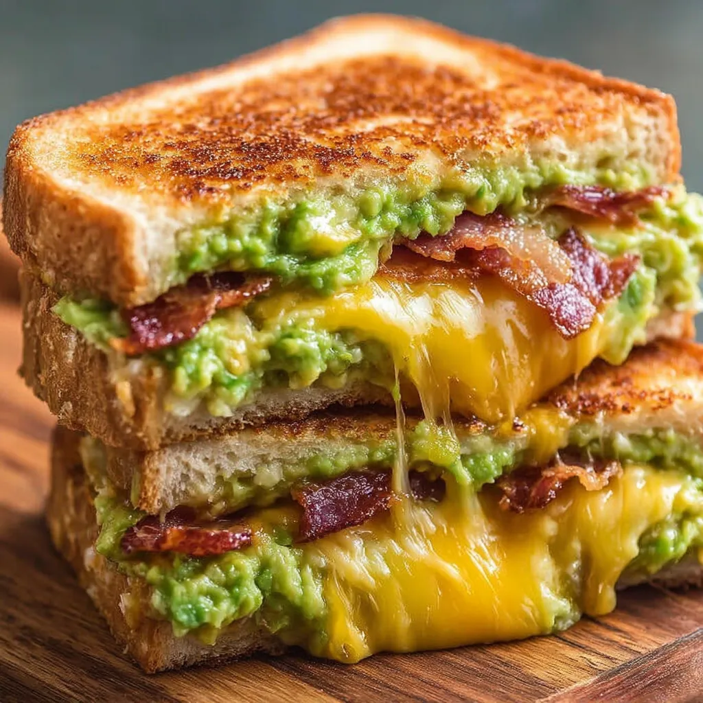 A sandwich with bacon and guacamole on top.
