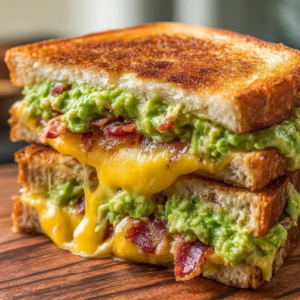 A sandwich with bacon, guacamole and grilled cheese.