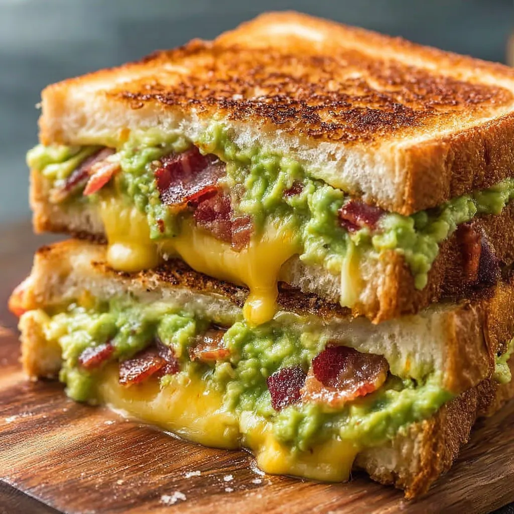A grilled cheese sandwich with bacon and guacamole.