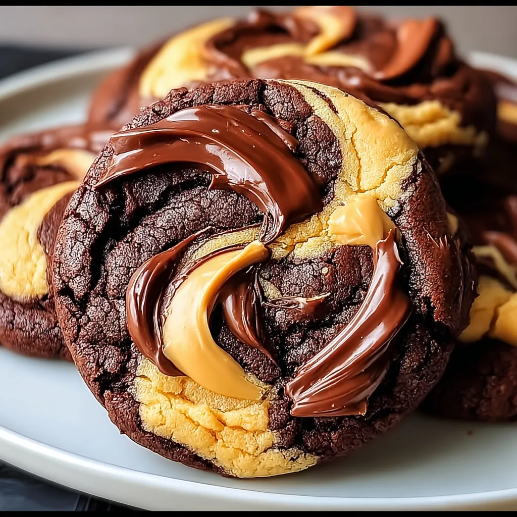A plate of swirled brownies with peanut butter on top.