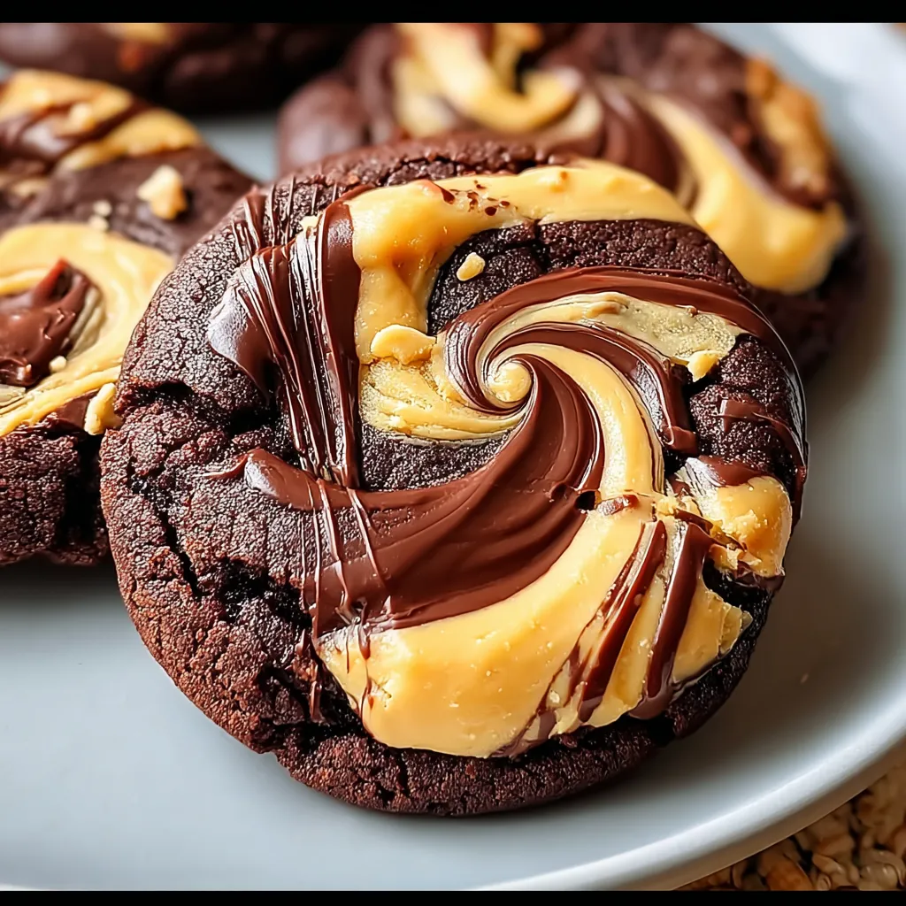 A plate of swirled brownie cookies with a peanut butter twist.