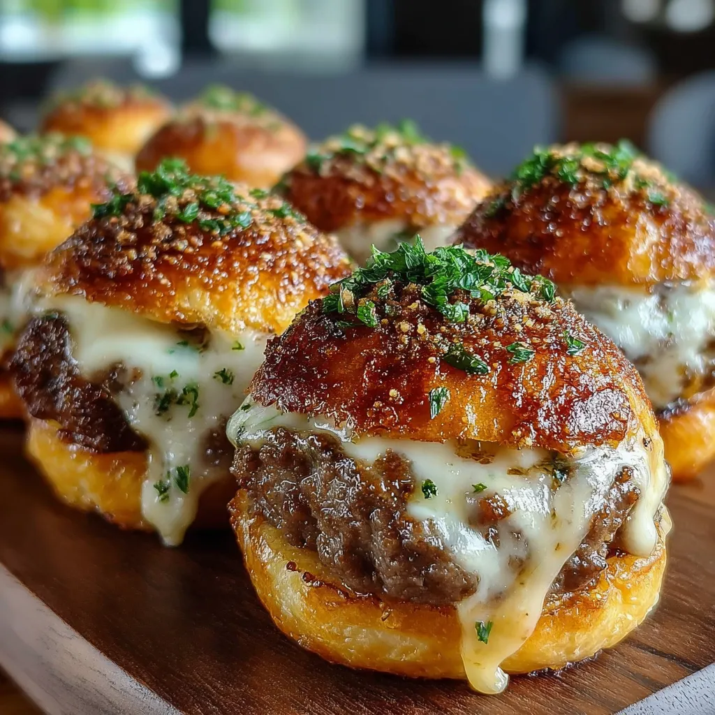 Garlic Parmesan cheeseburger bombs on a wooden platter.