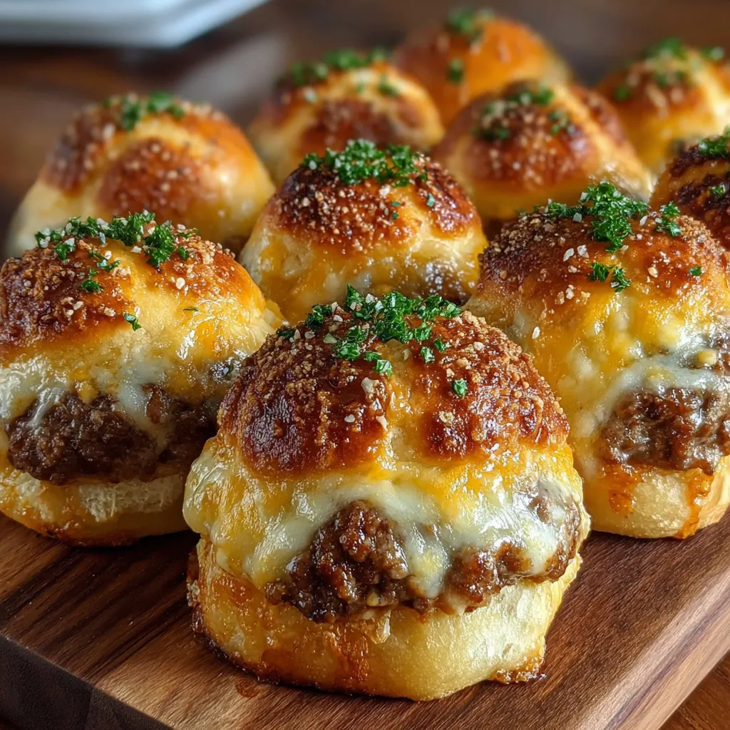 Garlic Parmesan Cheeseburger Bombs on a wooden table.