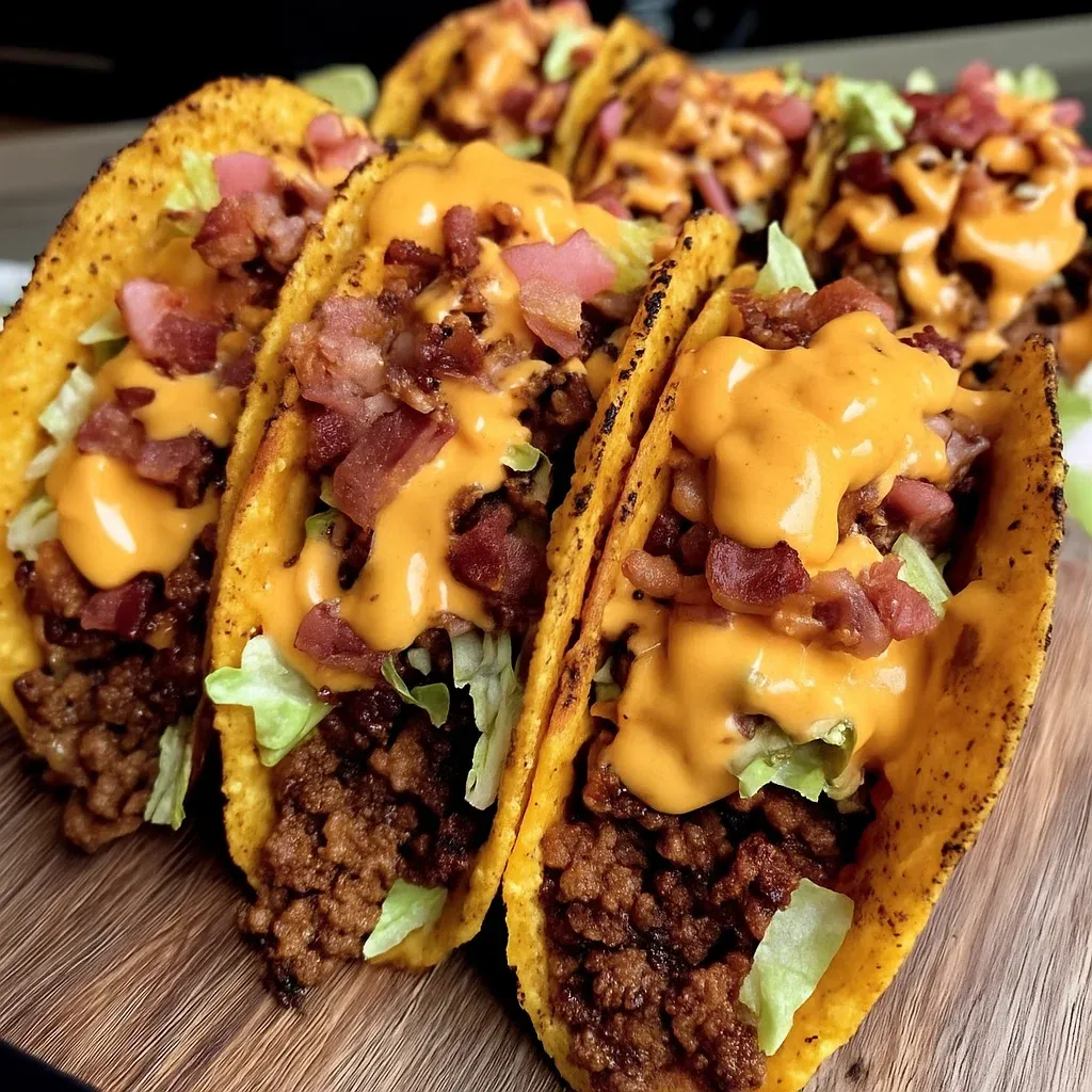 A plate of loaded bacon cheeseburger tacos.