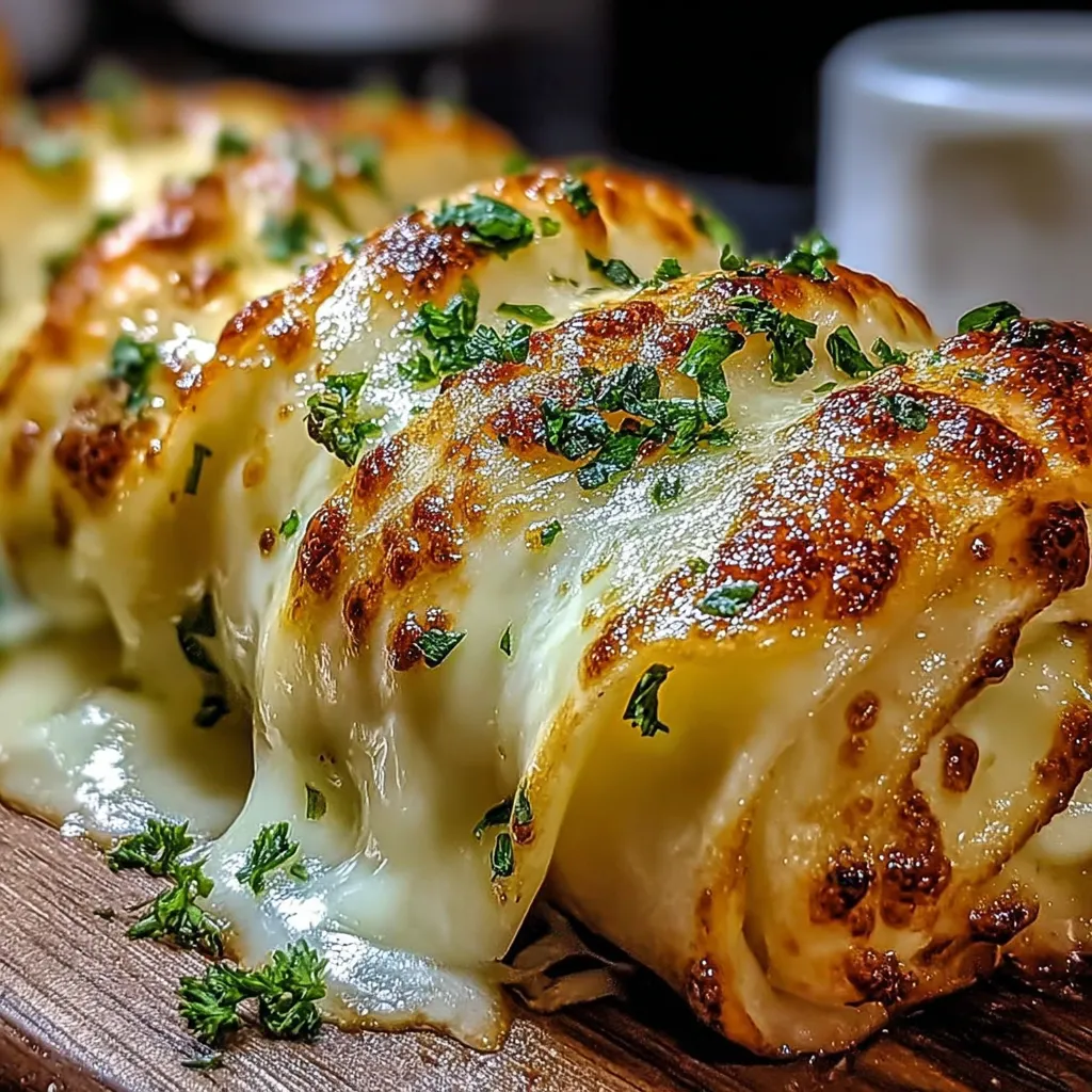 A cheesy garlic butter rollup on a wooden platter.