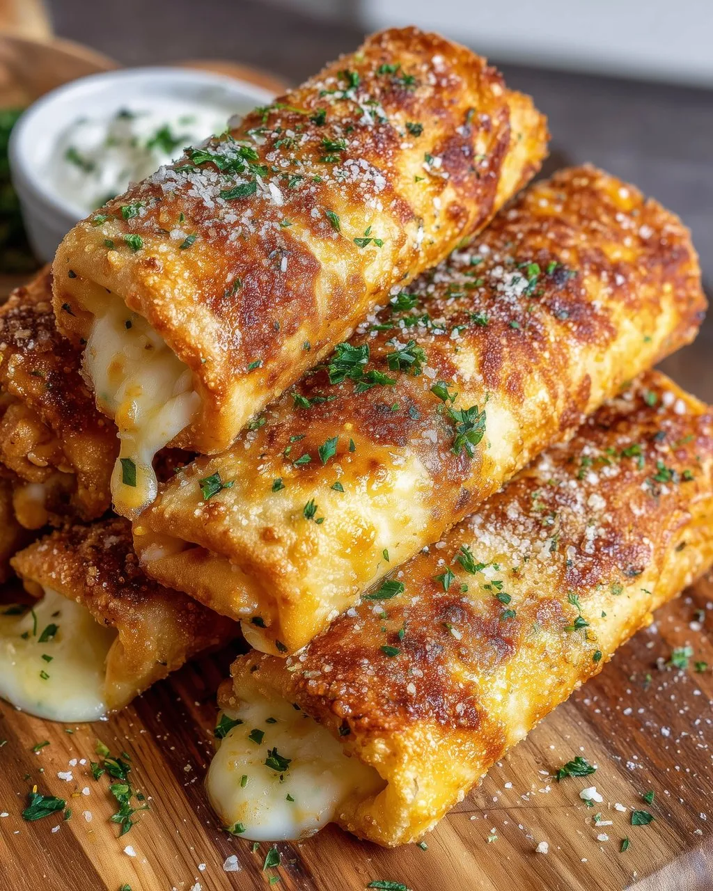 Cheesy garlic butter rollups on a wooden table.