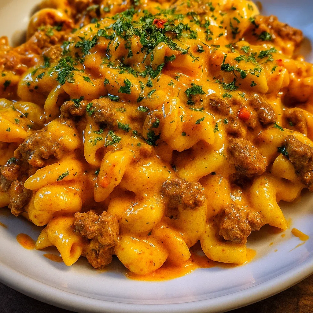 A plate of pasta with meat and cheese.