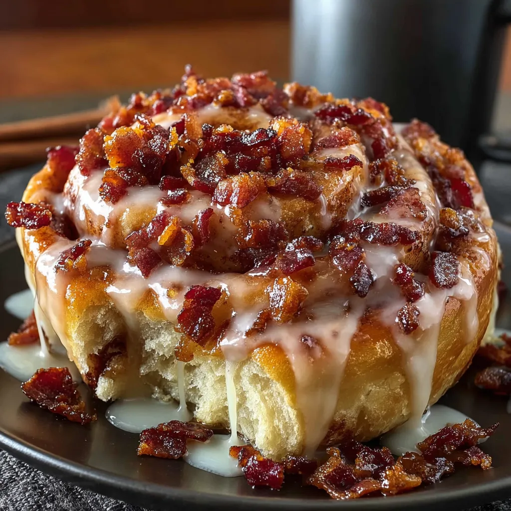 A plate of Maple Bacon Cinnamon Rolls.