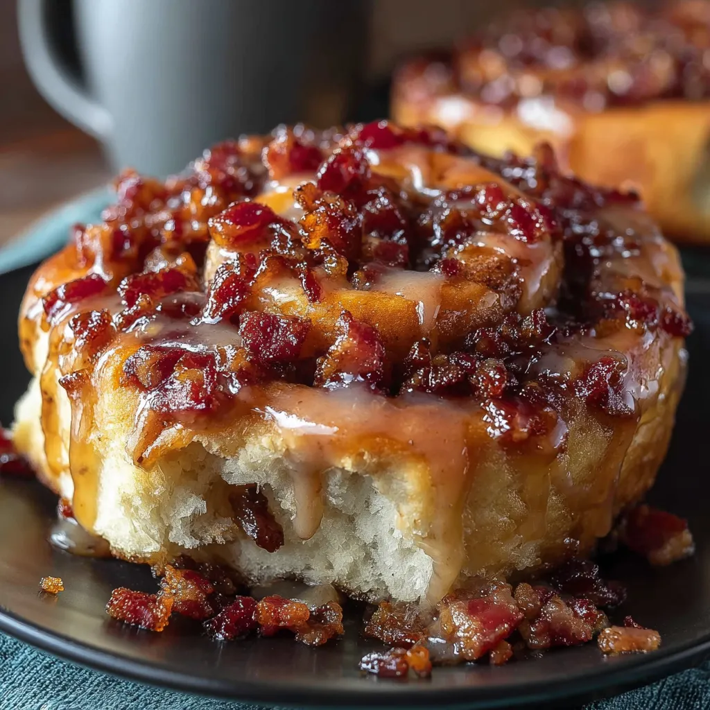 A plate of maple bacon cinnamon rolls.