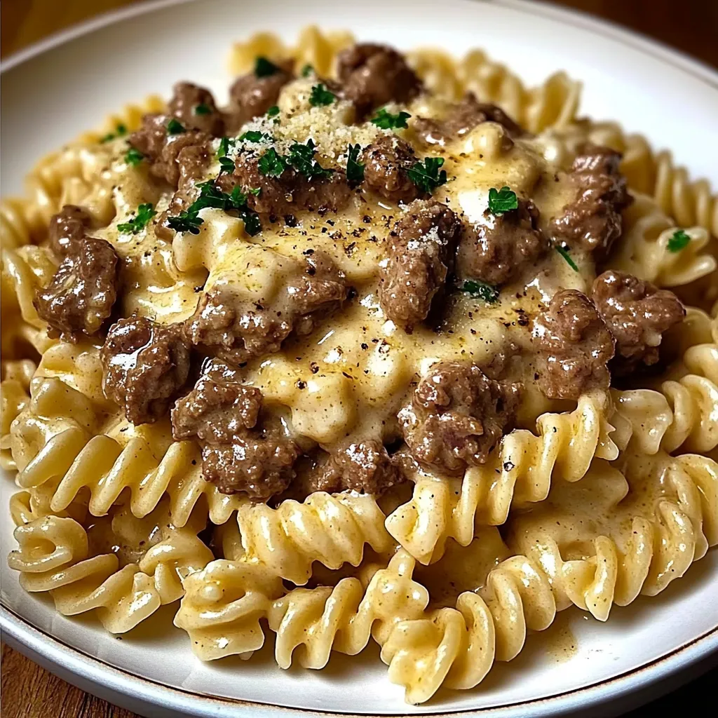 A plate of beef and rotini in garlic parmesan sauce.