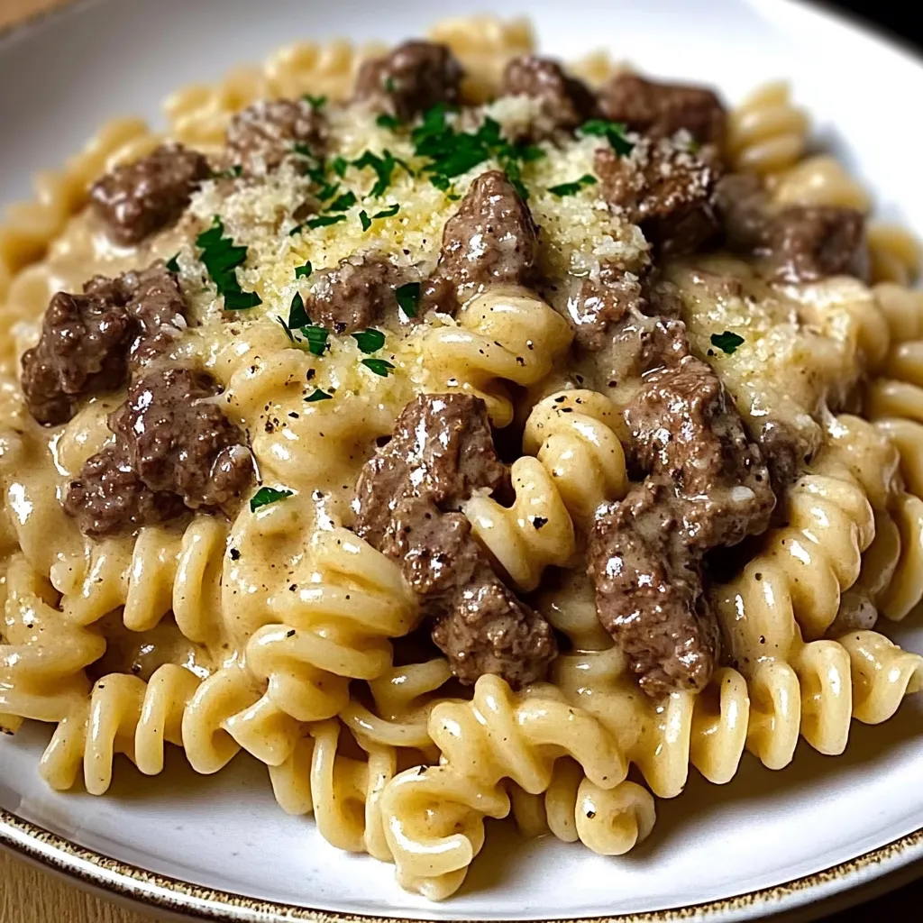 A plate of beef and rotini in garlic parmesan sauce.