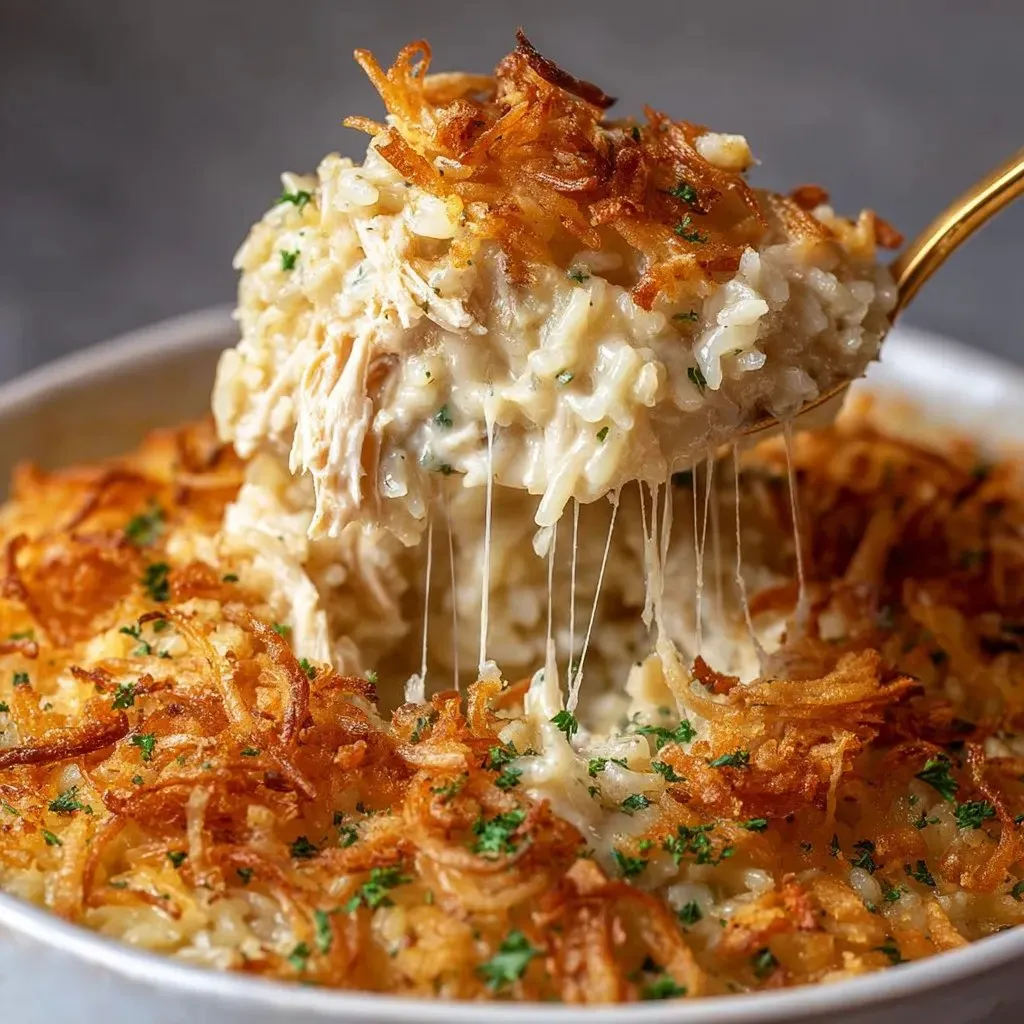 A bowl of French Onion Chicken Rice Bake.
