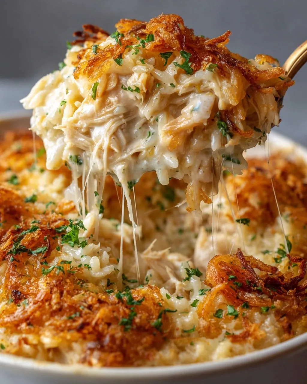 A close up of a delicious French Onion Chicken Rice dish.