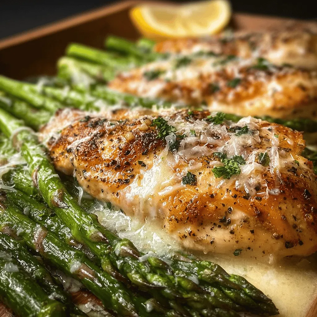 A plate of chicken with asparagus on the side.