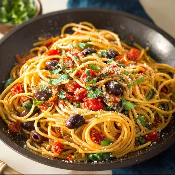 A bowl of pasta puttanesca.