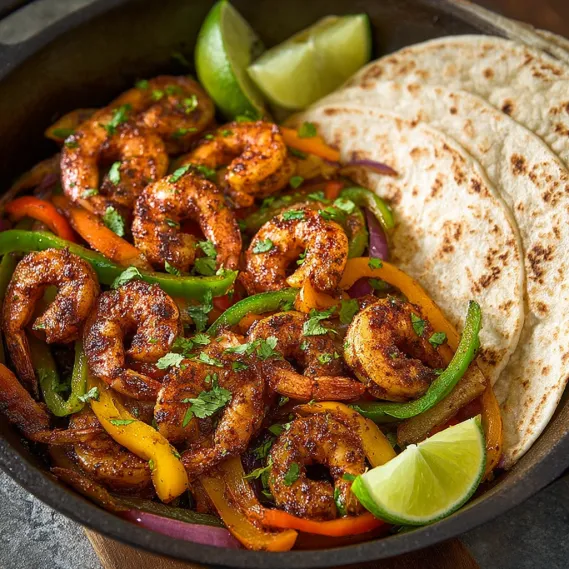 A bowl of shrimp fajitas with a tortilla on the side.