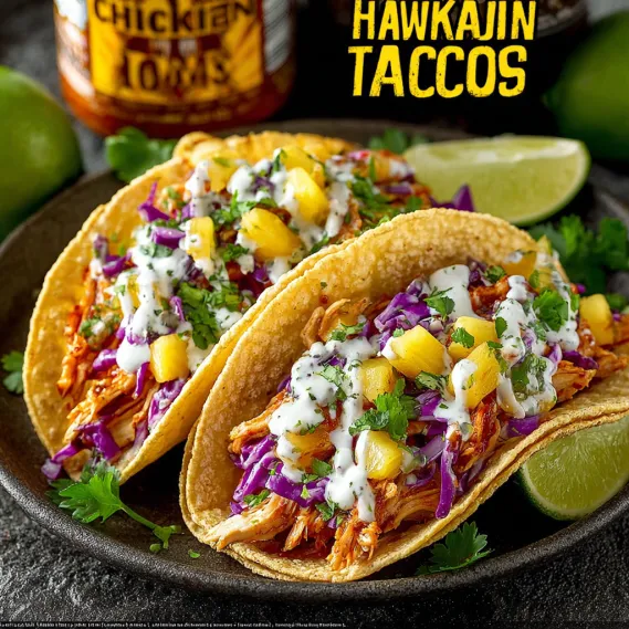 Two tacos with pineapple and purple cabbage.