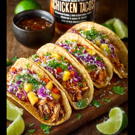 Three tacos with pineapple and purple onions.