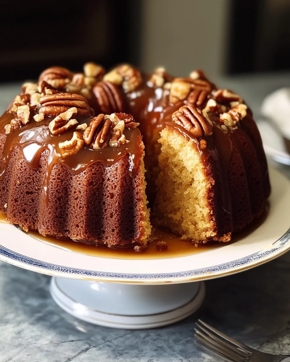 A slice of pecan upside down bundt cake.