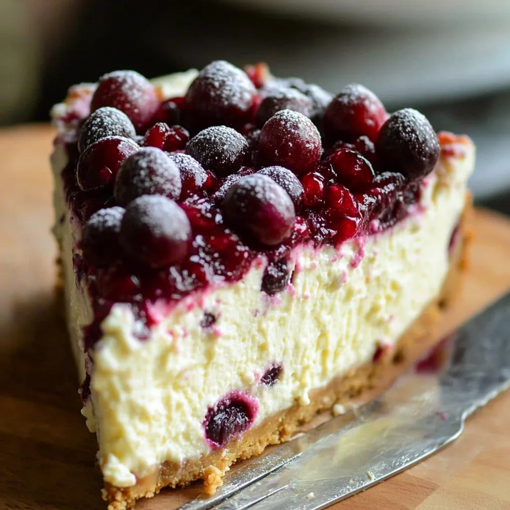 A slice of cranberry jam white chocolate mousse cheesecake.