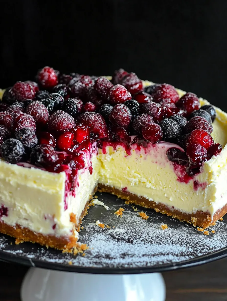 A slice of cranberry jam white chocolate mousse cheesecake.