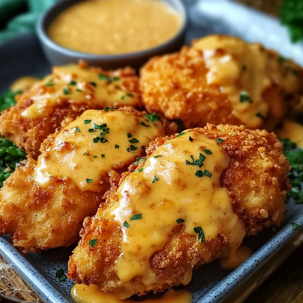 Crispy chicken with cheese sauce.