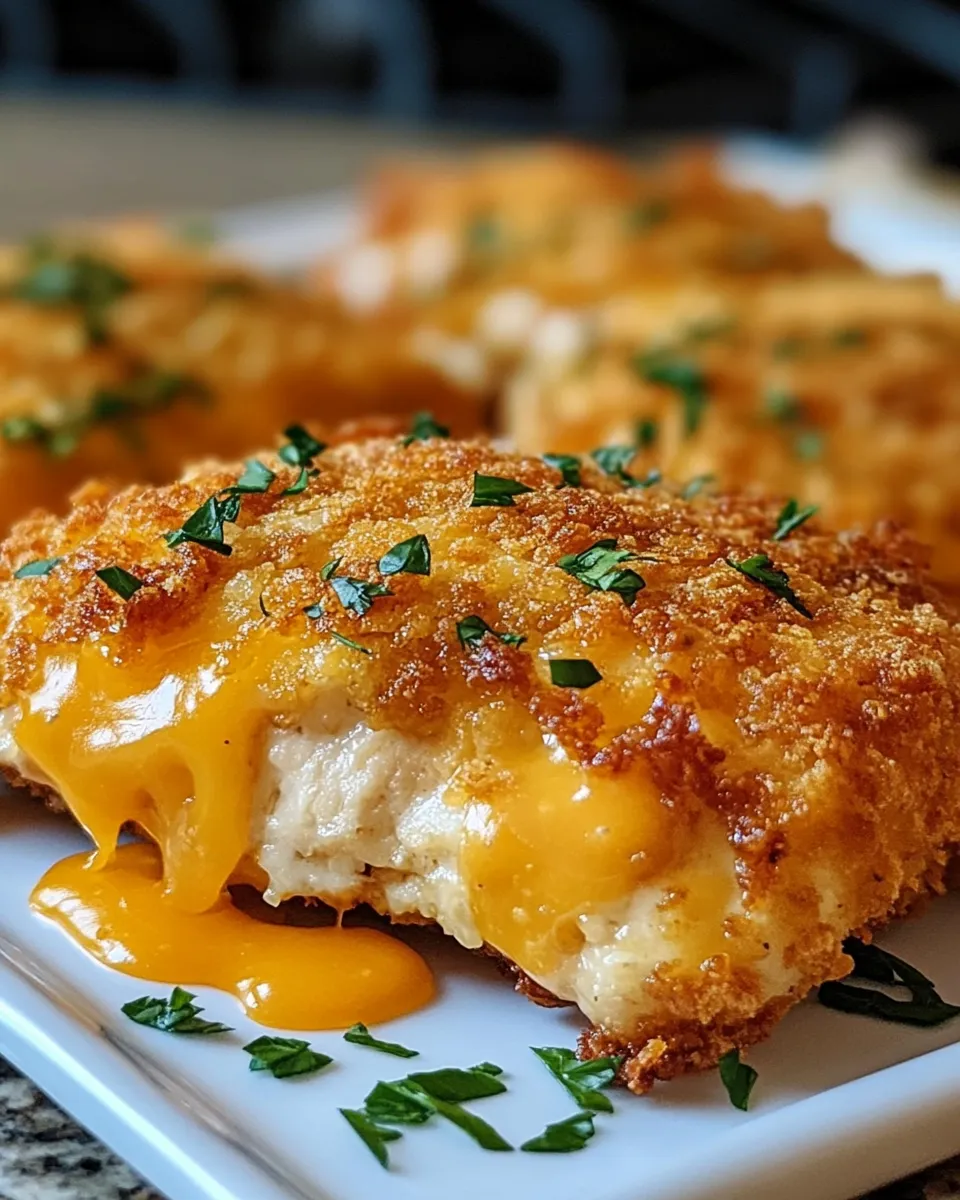 Crispy chicken with cheese on a plate.