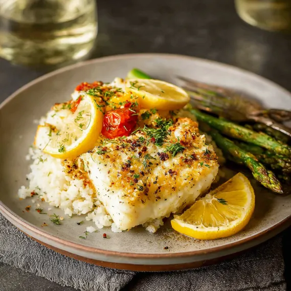 A plate of food with fish, lemon, and asparagus.