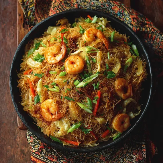 A bowl of shrimp and noodles.