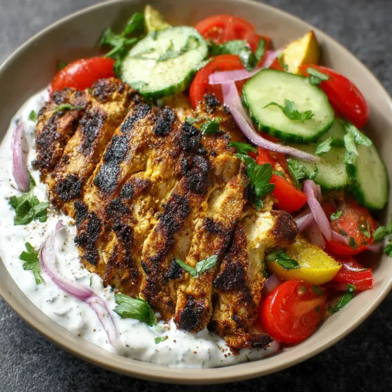 A bowl of grilled chicken shawarma with yogurt tahini sauce and marinated veggies.