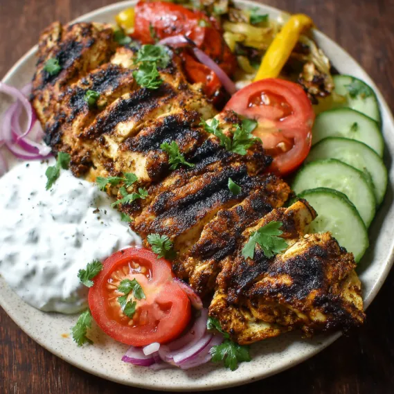 A plate of grilled chicken shawarma with yogurt tahini sauce and marinated veggies.